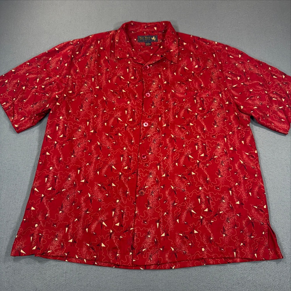 Nat Nast Luxury Originals Red 100% Silk Atomic Starburst Camp Shirt Mens L - Picture 2 of 7